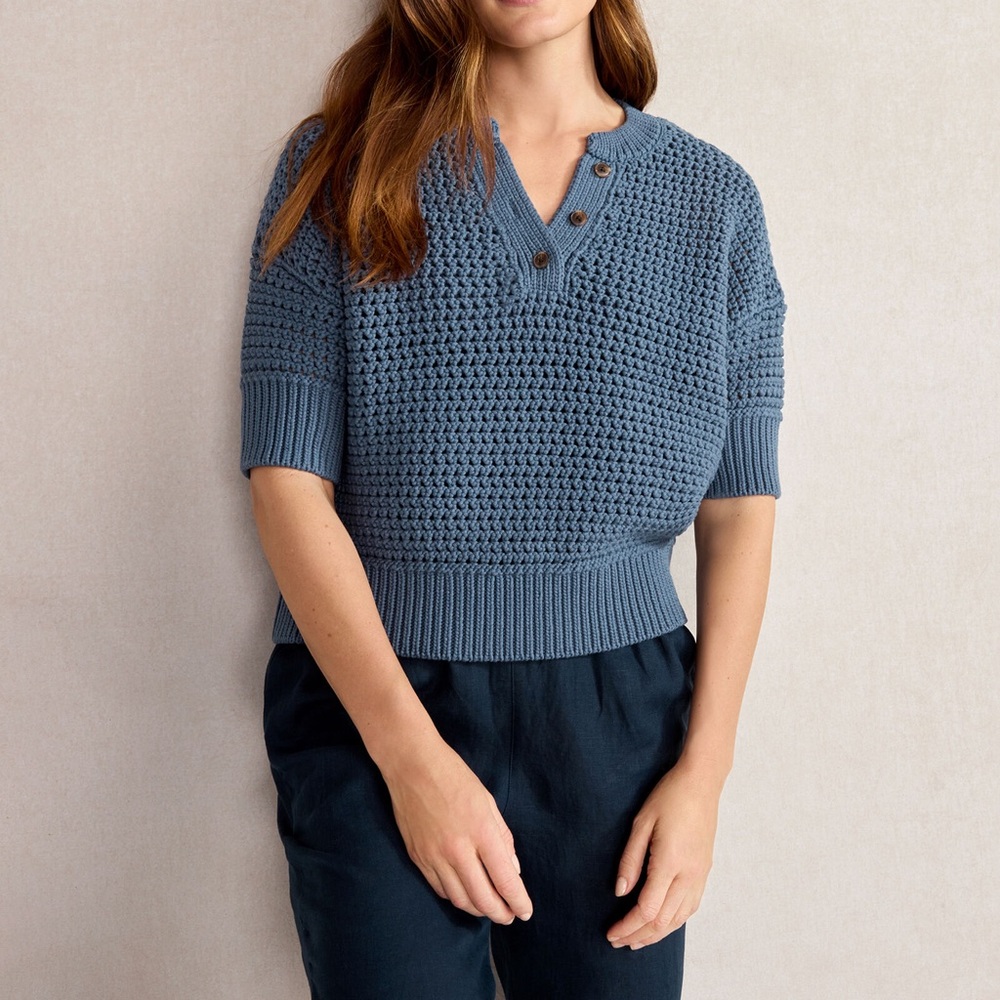 Haven Well Within Knot Stitch Henley short sleeve sweater open knit